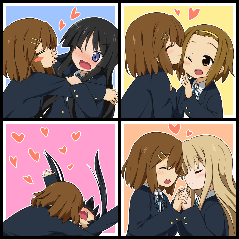 black_hair, blonde_hair, blue_eyes, blush, blush_stickers, brown_hair, chart, closed_eyes