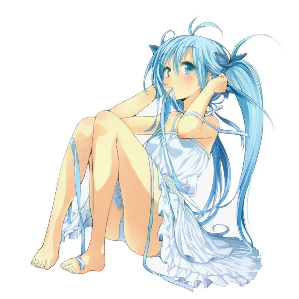barefoot, blue_eyes, blue_hair, buriki, denpa_onna_to_seishun_otoko, dress, legs, long_hair