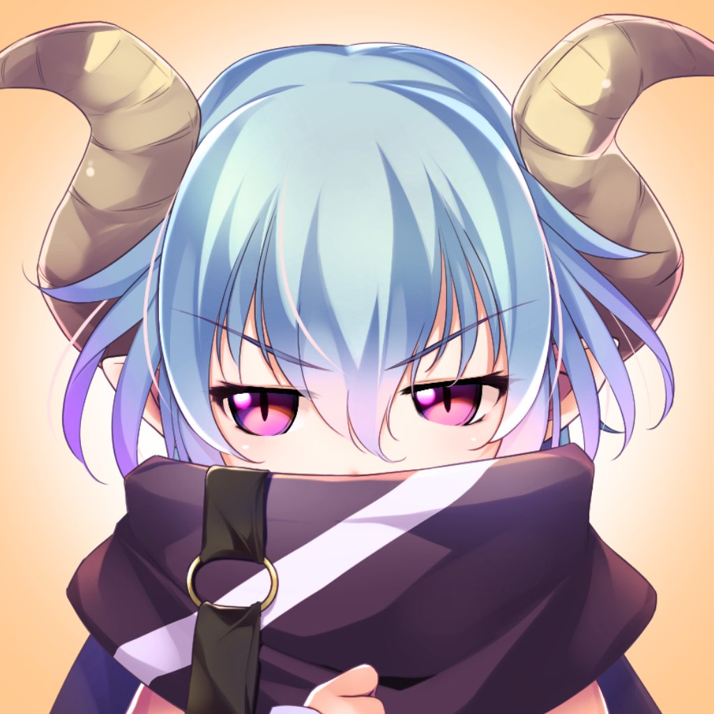 1girl, atelier-moo, belt, blue_hair, covering_own_mouth, demon_girl, demon_horns, hair_between_eyes