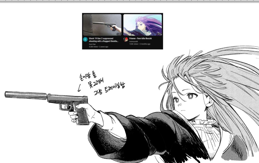 1girl, anachronism, coat, dress, fern_(sousou_no_frieren), floating_hair, greyscale, gun, handgun, highres, holding, holding_gun, holding_weapon, long_hair, long_sleeves, monochrome, ryaa1234, simple_background, solo, sousou_no_frieren, suppressor, upper_body, very_long_hair, weapon, youtube