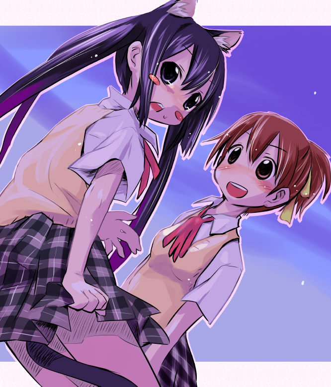 black_eyes, black_hair, blush_stickers, brown_hair, cat_ears, closed_eyes, dutch_angle, hirasawa_ui