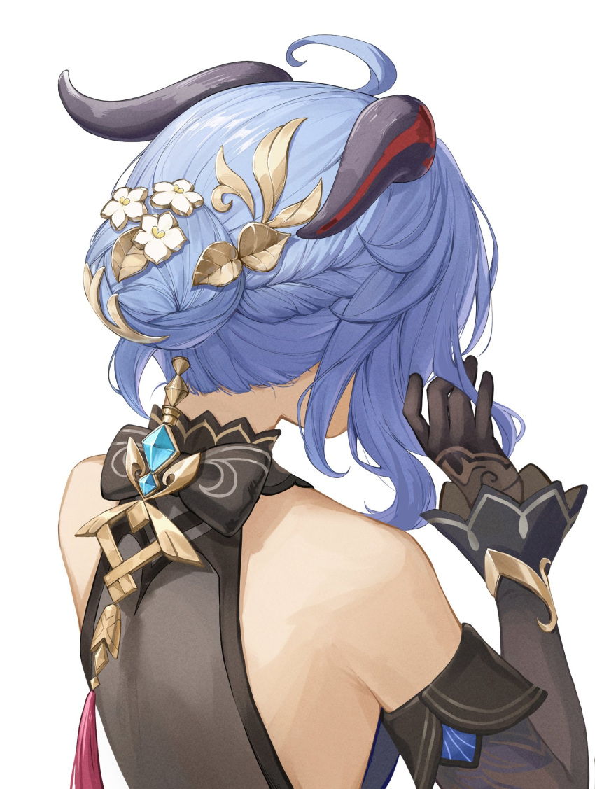 1girl, ahoge, back, back_focus, bare_shoulders, blue_hair, braid, detached_sleeves