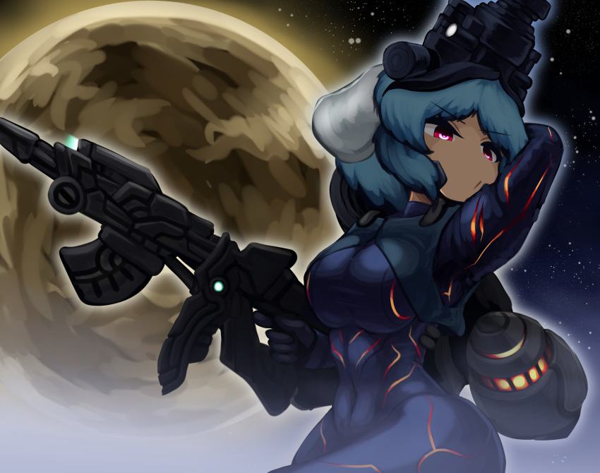 1094akagakati, 1girl, alternate_costume, animal_ears, arm_up, armor, assault_rifle, black_jumpsuit