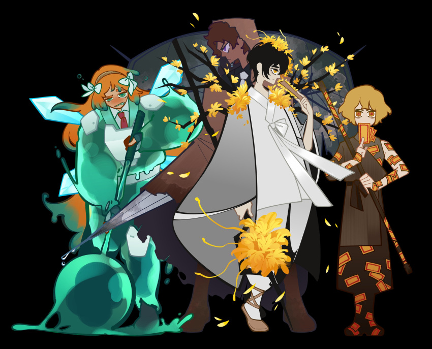 1girl, 3boys, black_hair, blonde_hair, branch, brown_cloak, brown_hair, cloak