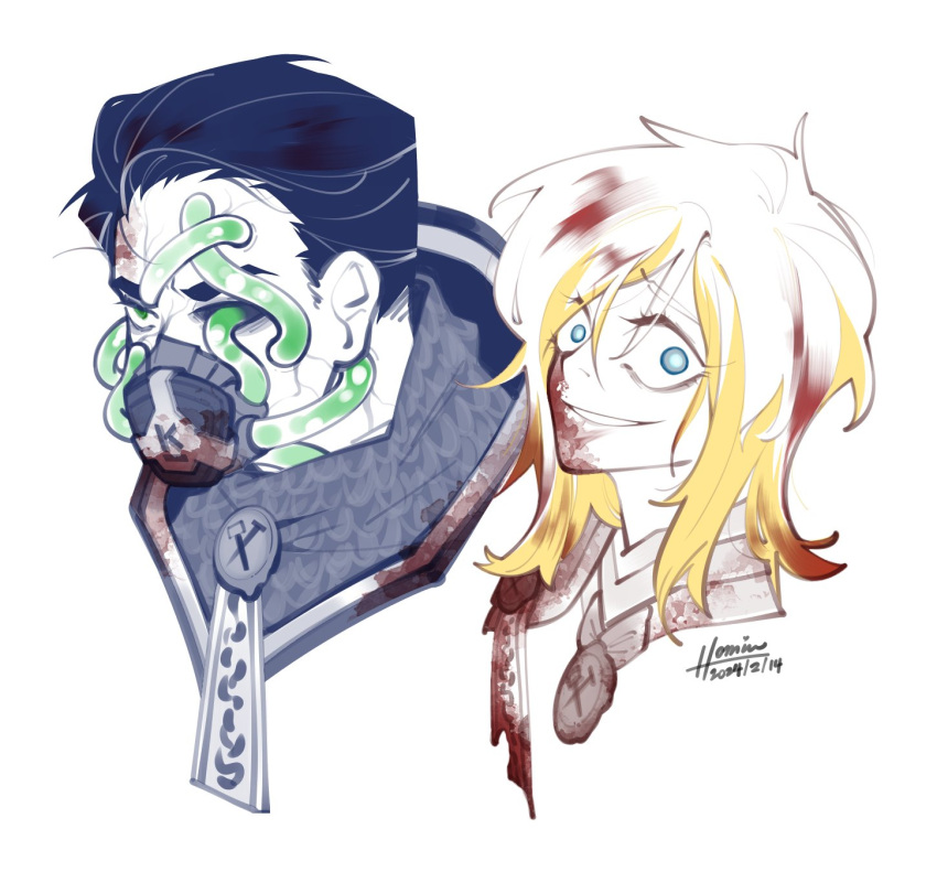 1boy, 1girl, armor, black_hair, blonde_hair, blood, blood_in_hair, blood_on_clothes