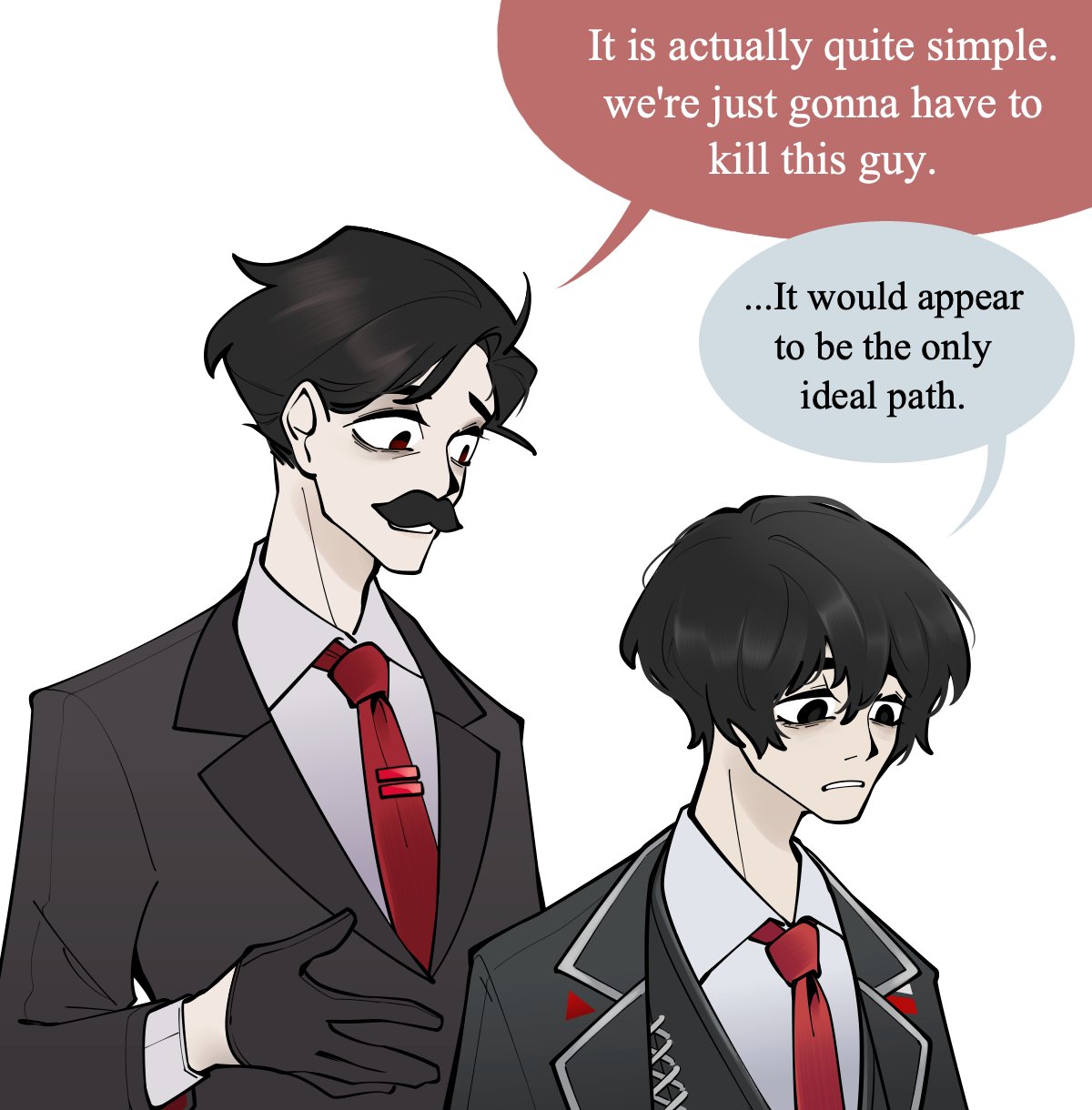 2boys, black_coat, black_eyes, black_gloves, black_hair, coat, collared_shirt, english_text, facial_hair, gloves, highres, homiu, i_think_we're_gonna_have_to_kill_this_guy_steven_(meme), limbus_company, meme, minecraft, multiple_boys, mumbo_jumbo_(youtuber), mustache, necktie, project_moon, red_eyes, red_necktie, shirt, simple_background, speech_bubble, tie_clip, upper_body, white_background, white_shirt, wing_collar, yi_sang_(project_moon), youtube