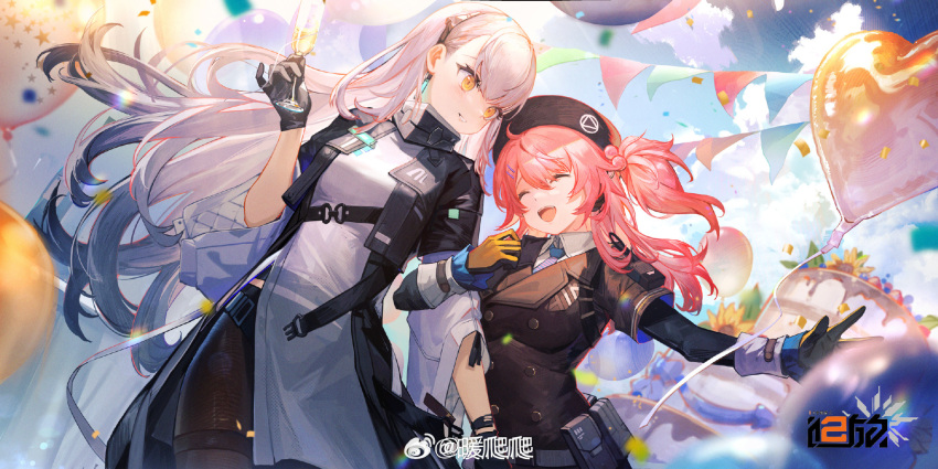 2girls, ak-alfa_(girls'_frontline), balloon, belt_pouch, beret, black_gloves, black_pantyhose, blue_necktie