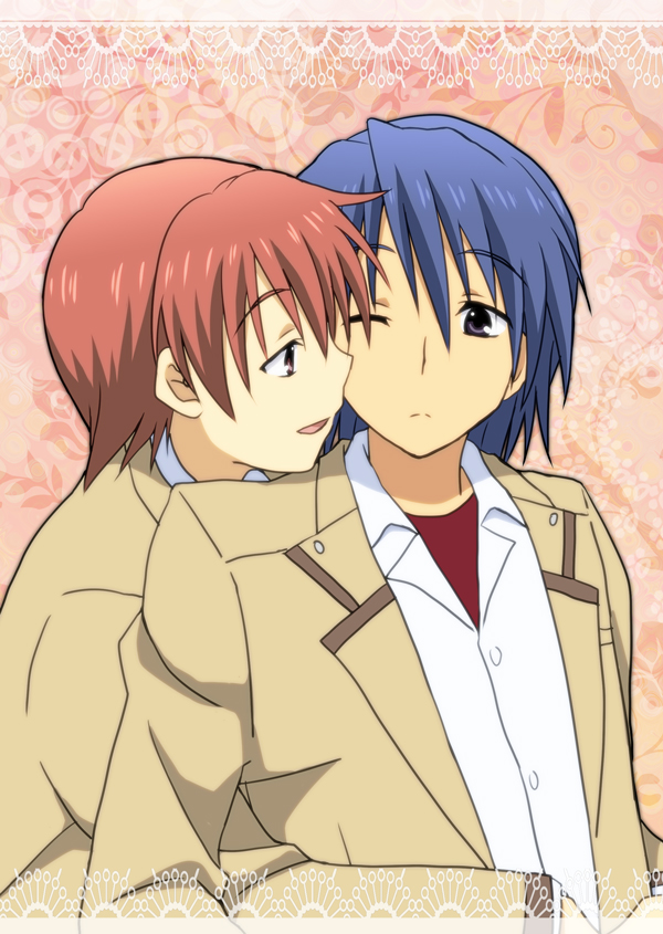 blue_hair, brown_eyes, brown_hair, hinata_(angel_beats!), hug, hug_from_behind, male, otonashi_(angel_beats!)