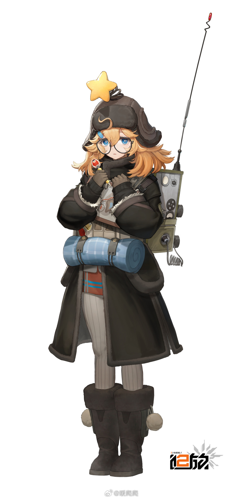 1girl, absurdres, backpack, bag, beanie, black-framed_eyewear, black_coat, blonde_hair