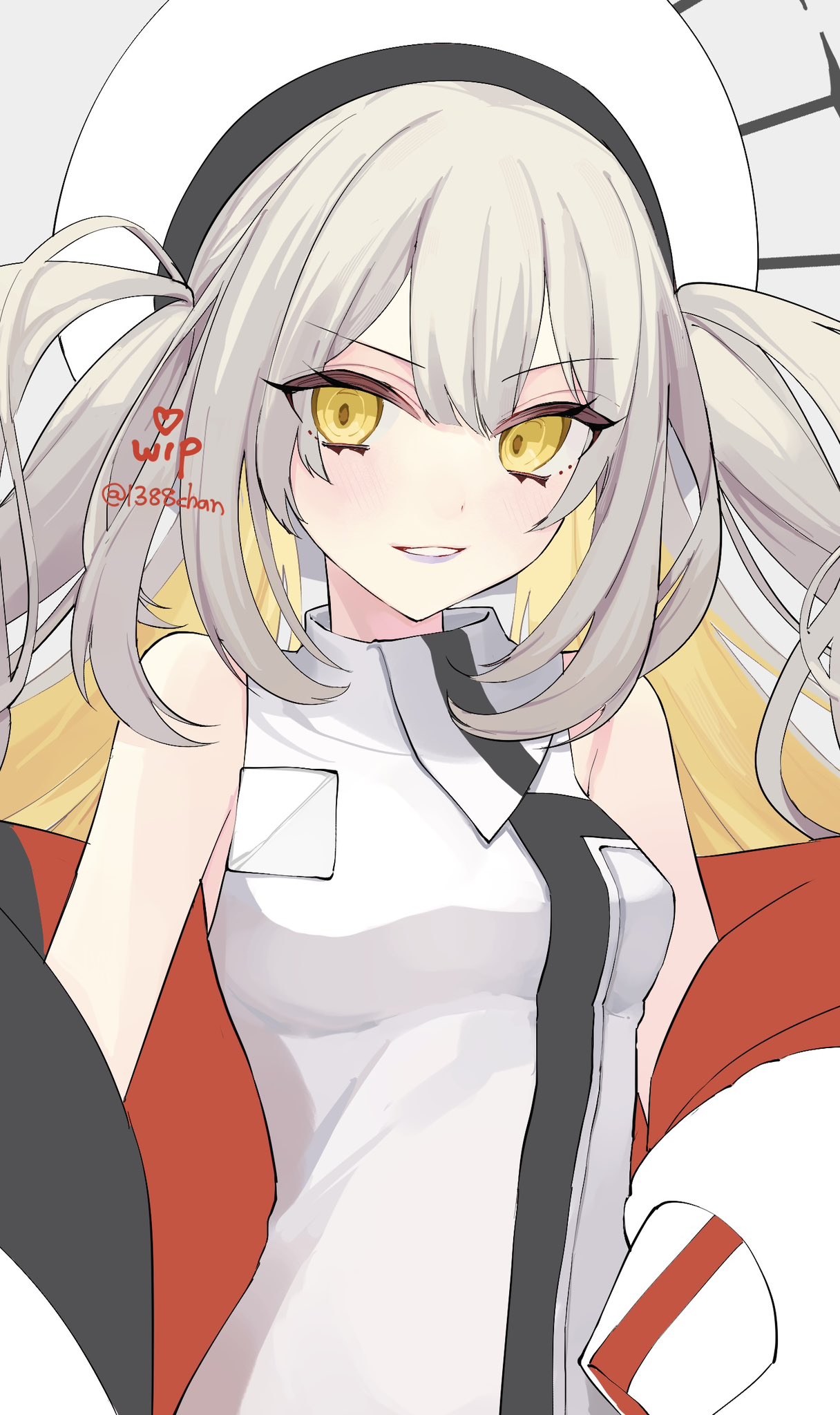 1388chan, 1girl, artist_name, bare_shoulders, blonde_hair, colored_inner_hair, commentary, double-parted_bangs