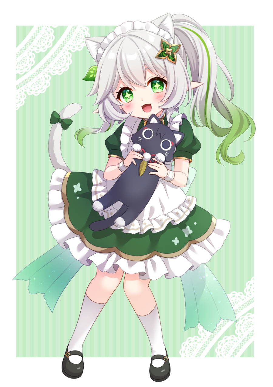 1girl, 1other, :d, alternate_costume, animal, animal_ears, animalization, apron, black_cat, black_footwear, cat, cat_ears, cat_girl, cat_tail, commentary_request, enmaided, frilled_apron, frills, full_body, genshin_impact, gradient_hair, green_background, green_eyes, hair_between_eyes, hair_ornament, highres, holding, holding_animal, kemonomimi_mode, kneehighs, knees_together_feet_apart, leaf_hair_ornament, long_hair, looking_at_viewer, maid, maid_apron, maid_headdress, mary_janes, multicolored_hair, nahida_(genshin_impact), pointy_ears, scaramouche_(cat)_(genshin_impact), scaramouche_(genshin_impact), shoes, short_sleeves, side_ponytail, sidelocks, simple_background, smile, socks, standing, stardrop, streaked_hair, symbol-shaped_pupils, tail, two-tone_hair, white_apron, white_hair, white_socks, white_wristband