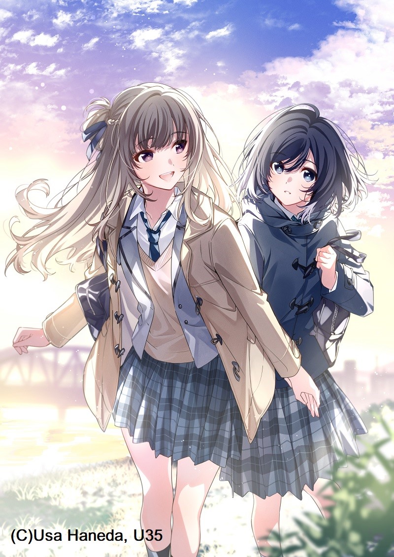 2girls, artist_name, backlighting, bag, black_hair, blazer, blurry, blurry_background