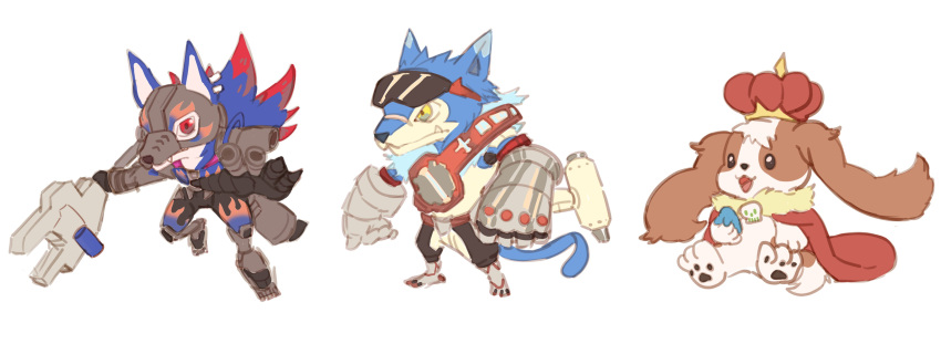 765_nanami, absurdres, black_pants, blue_fur, cape, chibi, crown, digimon, dog, eye_mask, eyewear_on_head, highres, holding, holding_wrench, machgaogamon, madomon, mechanical_gloves, metal_gloves, oversized_object, pants, red_cape, soloogarmon, sunglasses, tail, trait_connection, wrench, yellow_eyes