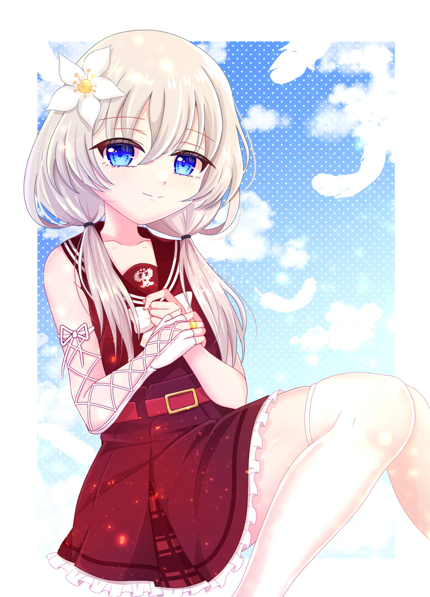 1girl, absurdres, anjou_seira, assault_lily, belt, belt_buckle, blue_eyes, blue_sky