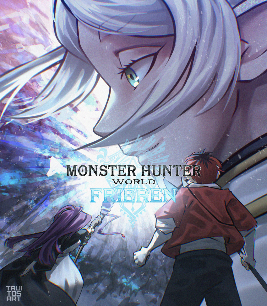 1boy, 2girls, absurdres, axe, battle_axe, black_coat, box_art, coat, commentary, cover, dress, english_commentary, fake_box_art, fern_(sousou_no_frieren), frieren, from_behind, green_eyes, highres, holding, holding_axe, holding_staff, jacket, mage_staff, monster_hunter:_world, monster_hunter_(series), monster_hunter_world:_iceborne, multiple_girls, parody, parted_bangs, pointy_ears, profile, red_jacket, redhead, smile, sousou_no_frieren, staff, stark_(sousou_no_frieren), truitosart, video_game_cover, weapon, white_dress, white_hair