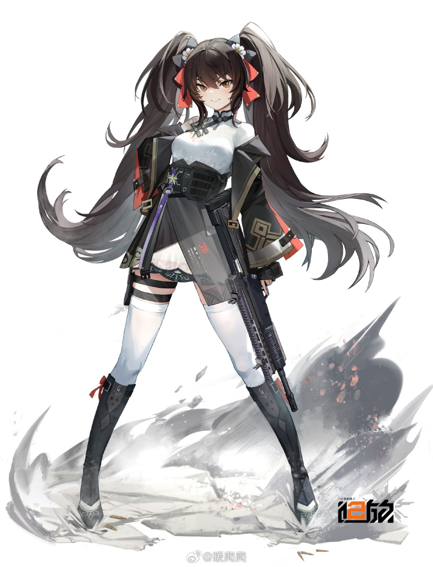 1girl, absurdres, assault_rifle, black_footwear, black_skirt, black_sleeves, boots, bow, breasts, brown_eyes, closed_mouth, copyright_name, dust, full_body, girls'_frontline_2:_exilium, girls_frontline, gun, hair_bow, hand_on_own_hip, highres, holding, holding_gun, holding_weapon, holster, knee_boots, legs_apart, logo, long_hair, long_sleeves, looking_at_viewer, medium_breasts, miniskirt, nuanpapa, official_art, qbz-97, red_bow, rifle, shirt, skirt, smile, solo, standing, tachi-e, thigh-highs, thigh_holster, twintails, type_97_(girls'_frontline), underbust, very_long_hair, weapon, weibo_logo, weibo_username, white_background, white_shirt, white_thighhighs, zettai_ryouiki