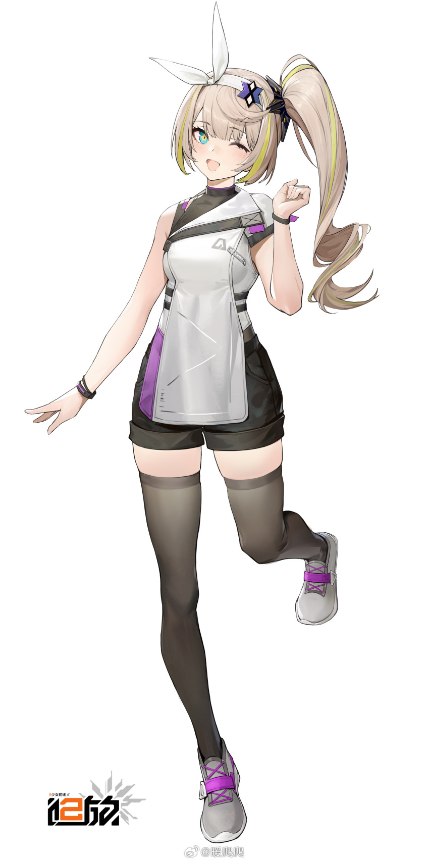 1girl, ;d, absurdres, black_shorts, black_thighhighs, blonde_hair, blue_eyes, bow