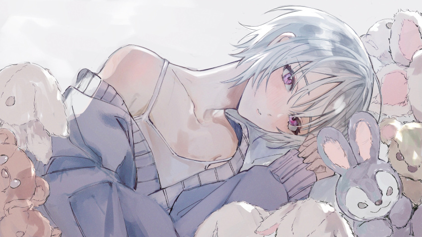1boy, bishounen, collarbone, head_on_pillow, highres, leaning_to_the_side, long_sleeves, looking_at_viewer