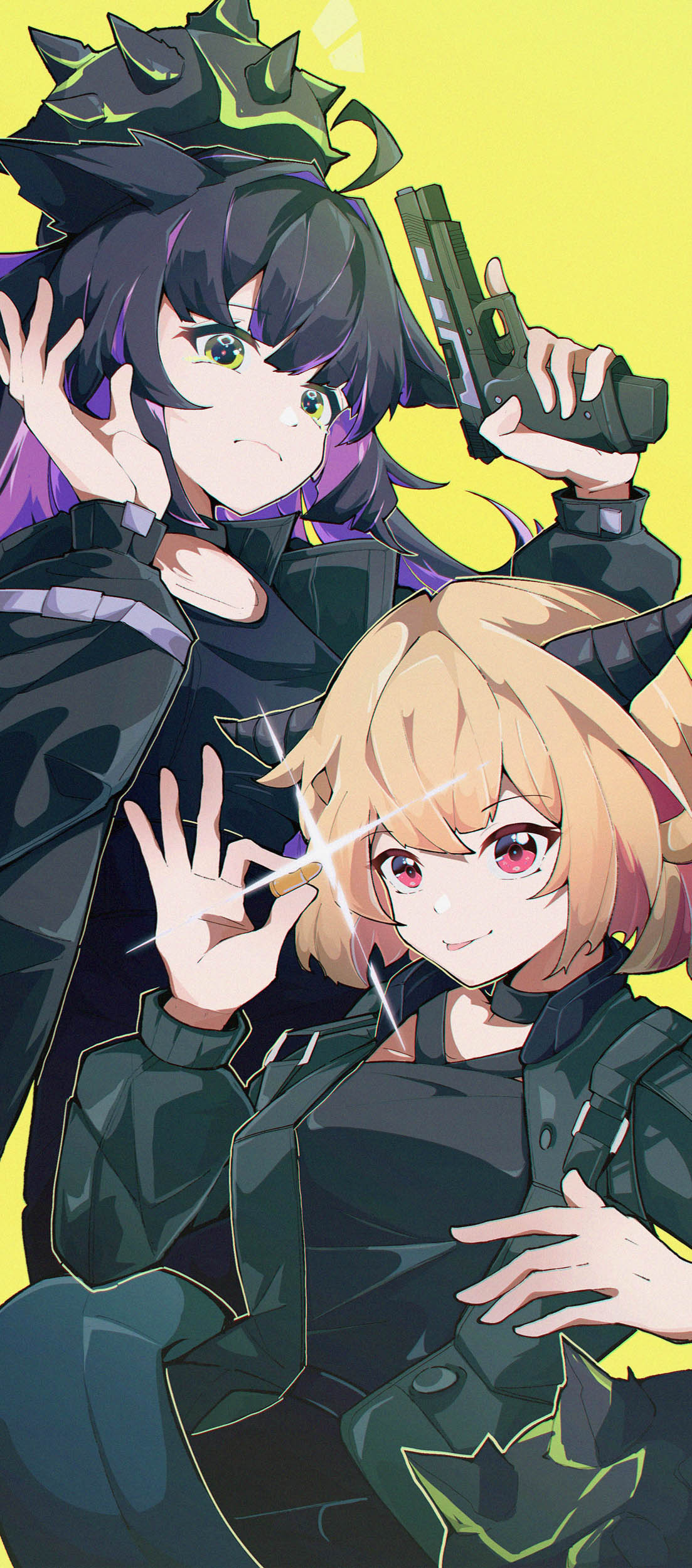 2girls, :p, absurdres, ahoge, animal_ears, arknights, black_choker, black_jacket