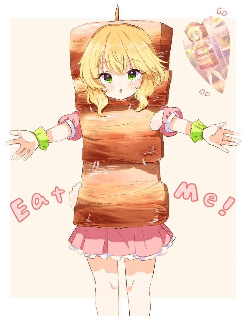 1girl, :o, blonde_hair, blush, commentary, dress, food_costume, frilled_wristband
