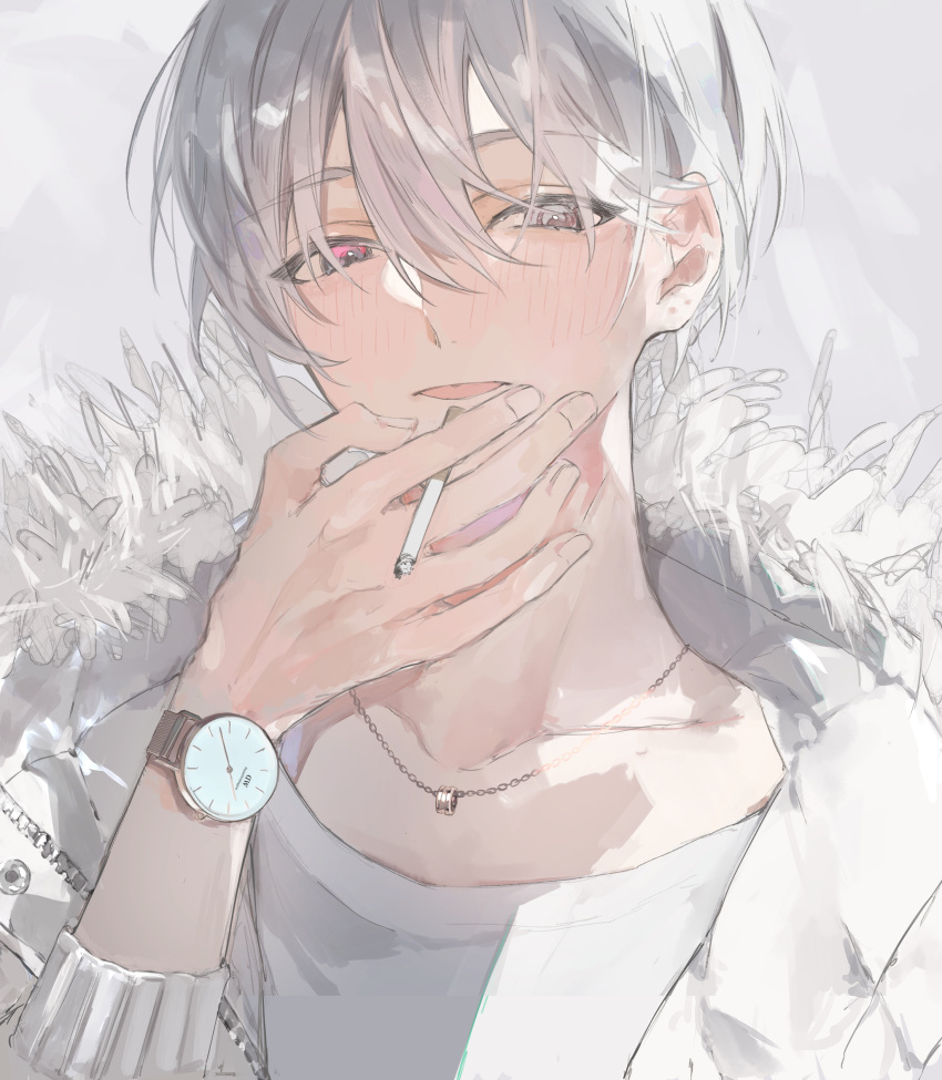 1boy, absurdres, blush, fingernails, fur-trimmed_jacket, fur_trim, grey_eyes, hair_between_eyes, hand_up, heterochromia, highres, jacket, jewelry, looking_to_the_side, male_focus, mya_x_x, necklace, open_clothes, open_jacket, original, parted_lips, pink_eyes, portrait, ring, ring_necklace, shirt, short_hair, simple_background, smoking, solo, tobacco, watch, white_hair, white_jacket, white_shirt, zipper