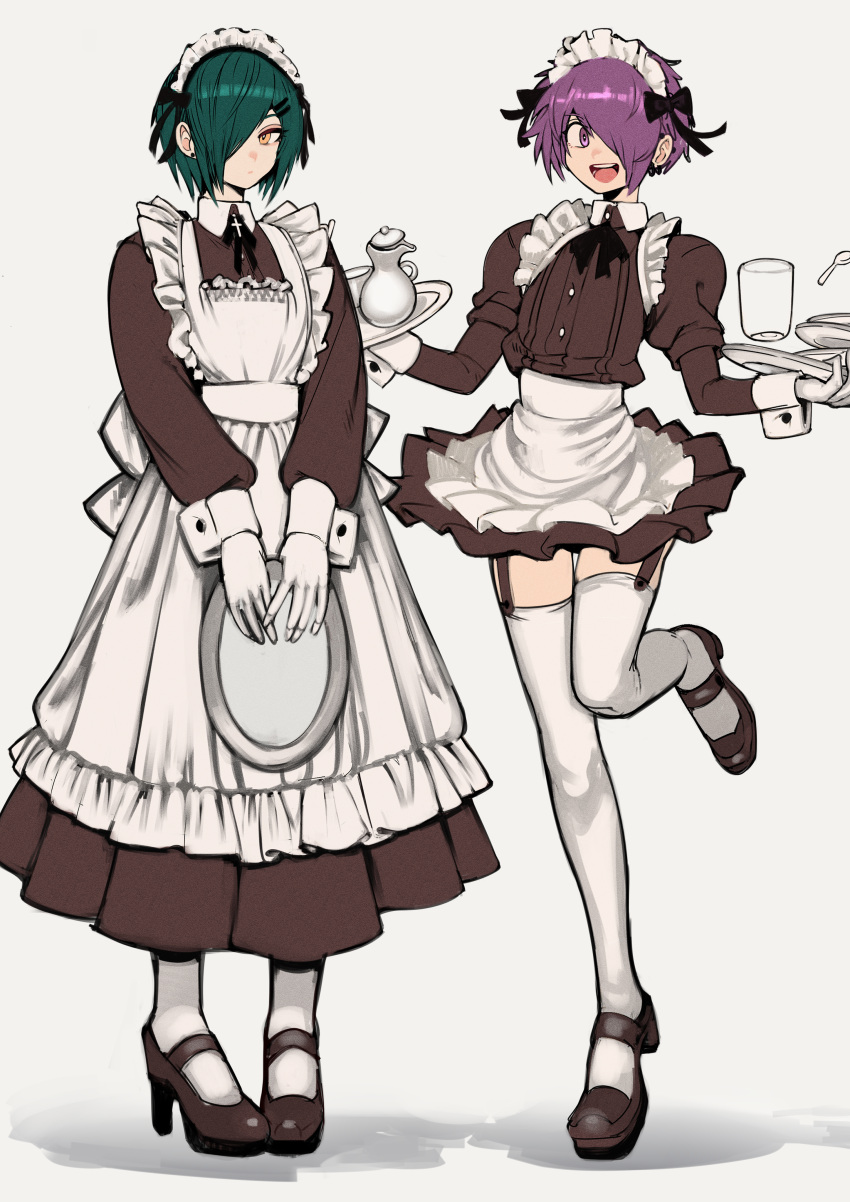 2boys, 2n5, absurdres, apron, black_footwear, black_ribbon, borrowed_character, closed_mouth