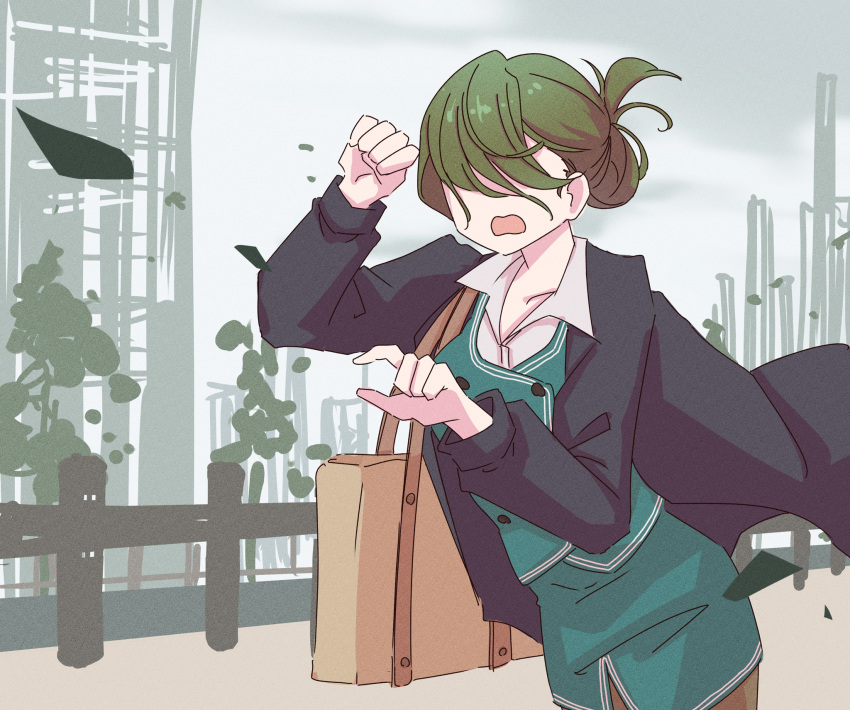 1girl, black_cardigan, brown_pantyhose, cardigan, covered_eyes, folded_ponytail, green_hair, green_skirt