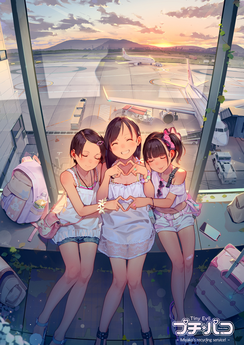 3girls, absurdres, airport, backpack, bag, belt, black_hair, blue_shorts