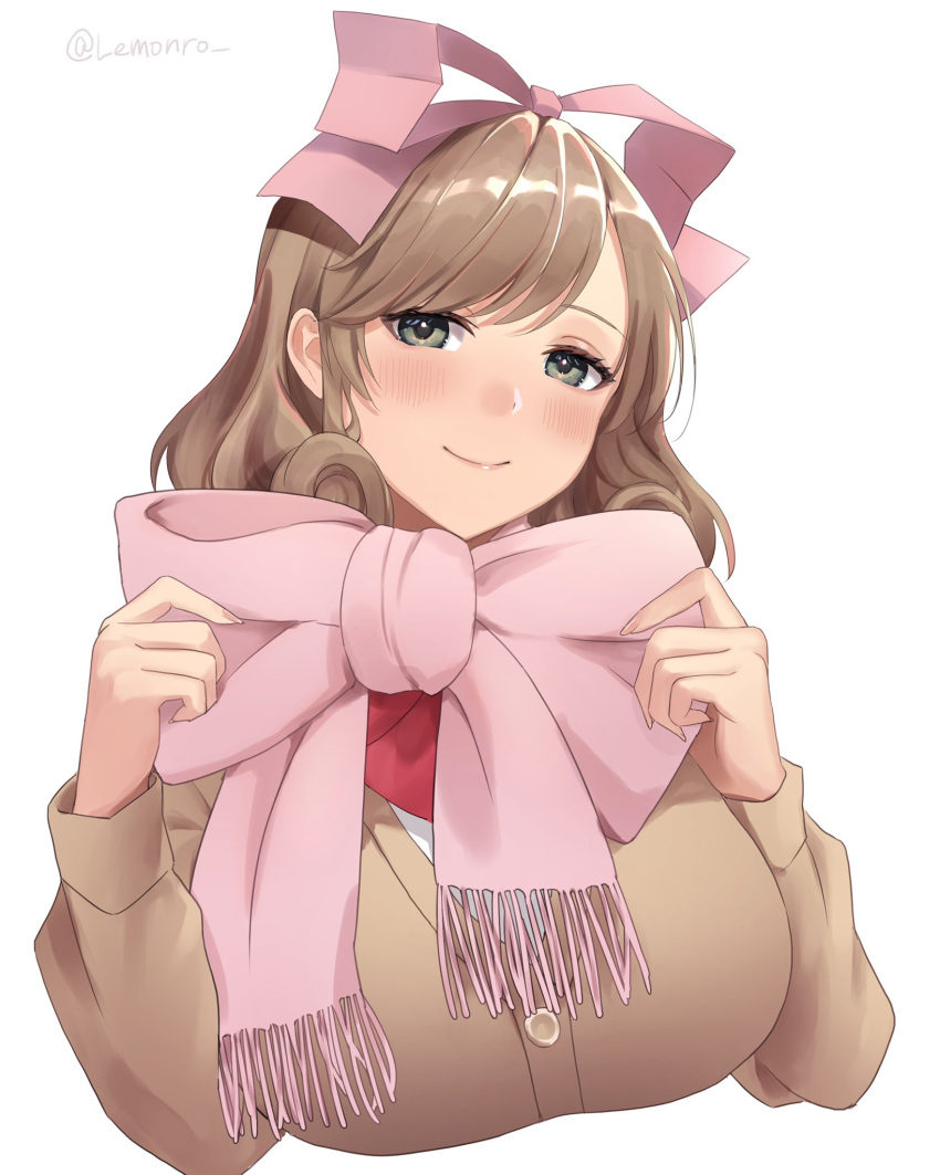 1girl, artist_name, blush, bow, breasts, brown_hair, brown_jacket, buttons