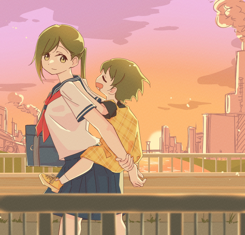 2girls, aged_down, bag, blue_skirt, bridge, carrying, dress, drooling