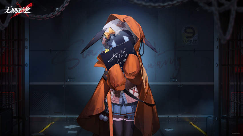 1girl, against_wall, bandaid, black_thighhighs, blue_bow, blue_skirt, bow, cardigan