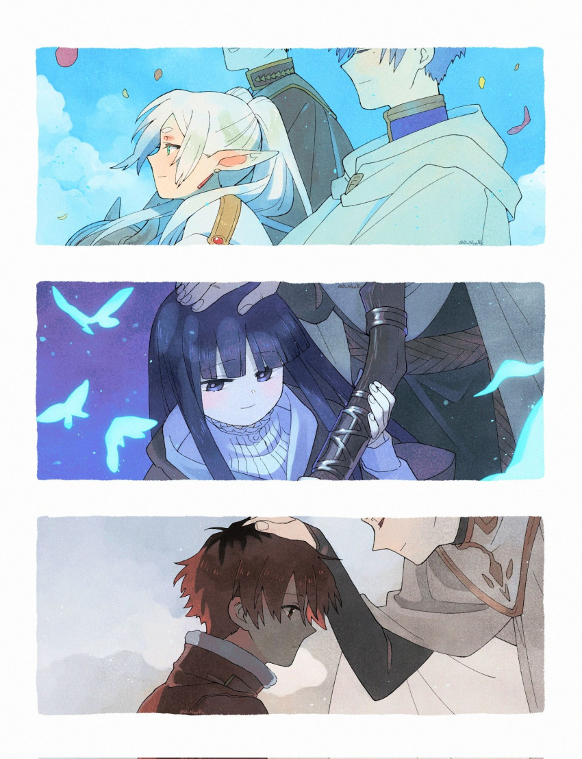 2girls, 6+boys, artist_name, blunt_bangs, border, brothers, bug, butterfly
