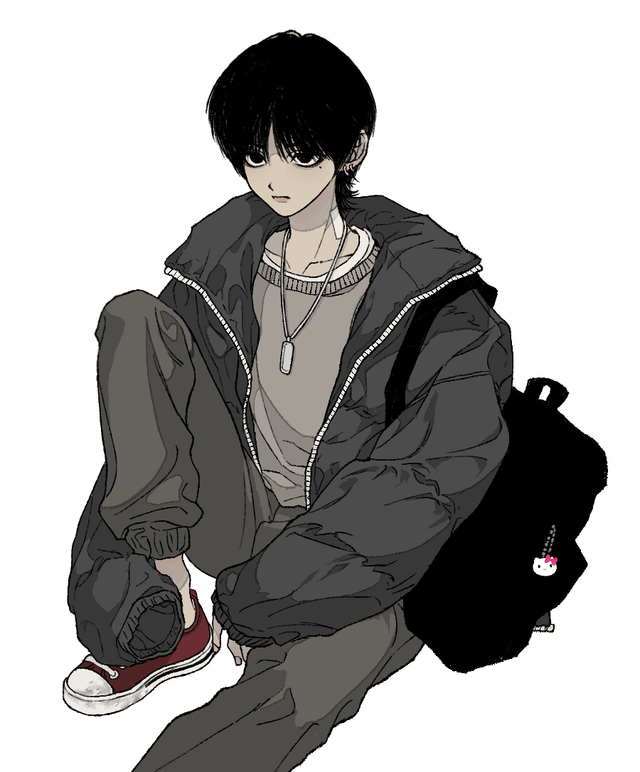 1boy, bag_behind_back, black_bag, black_eyes, black_hair, black_jacket, closed_mouth, dog_tags