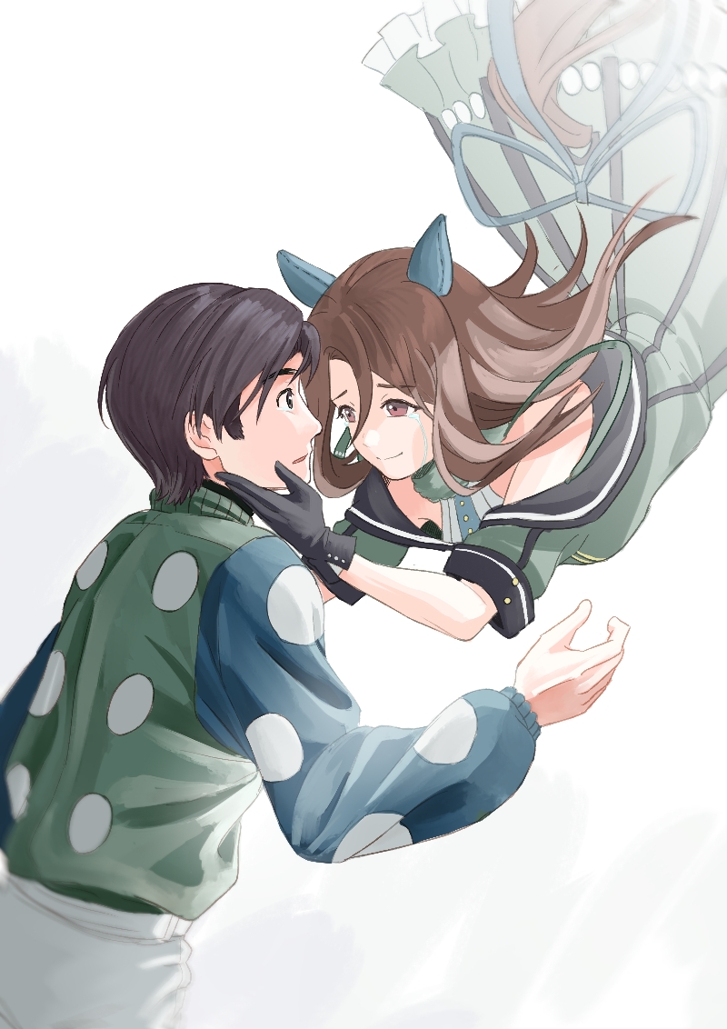 1boy, 1girl, animal_ears, black_gloves, brown_eyes, brown_hair, dress, ear_covers