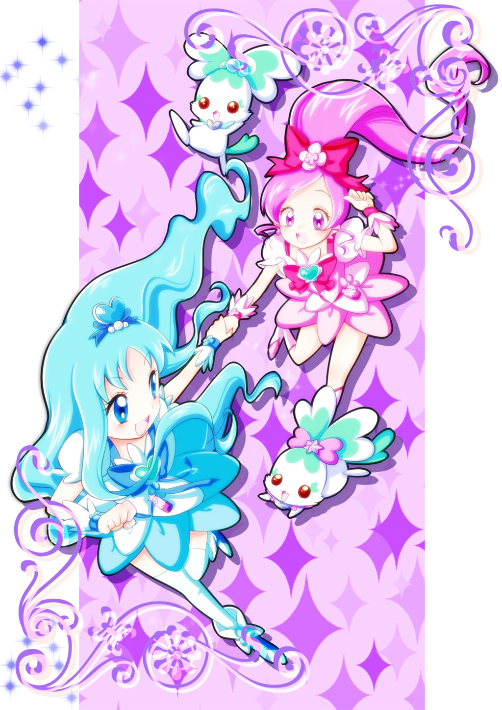 2girls, blue_bow, blue_bowtie, blue_dress, blue_eyes, blue_flower, blue_footwear, blue_hair