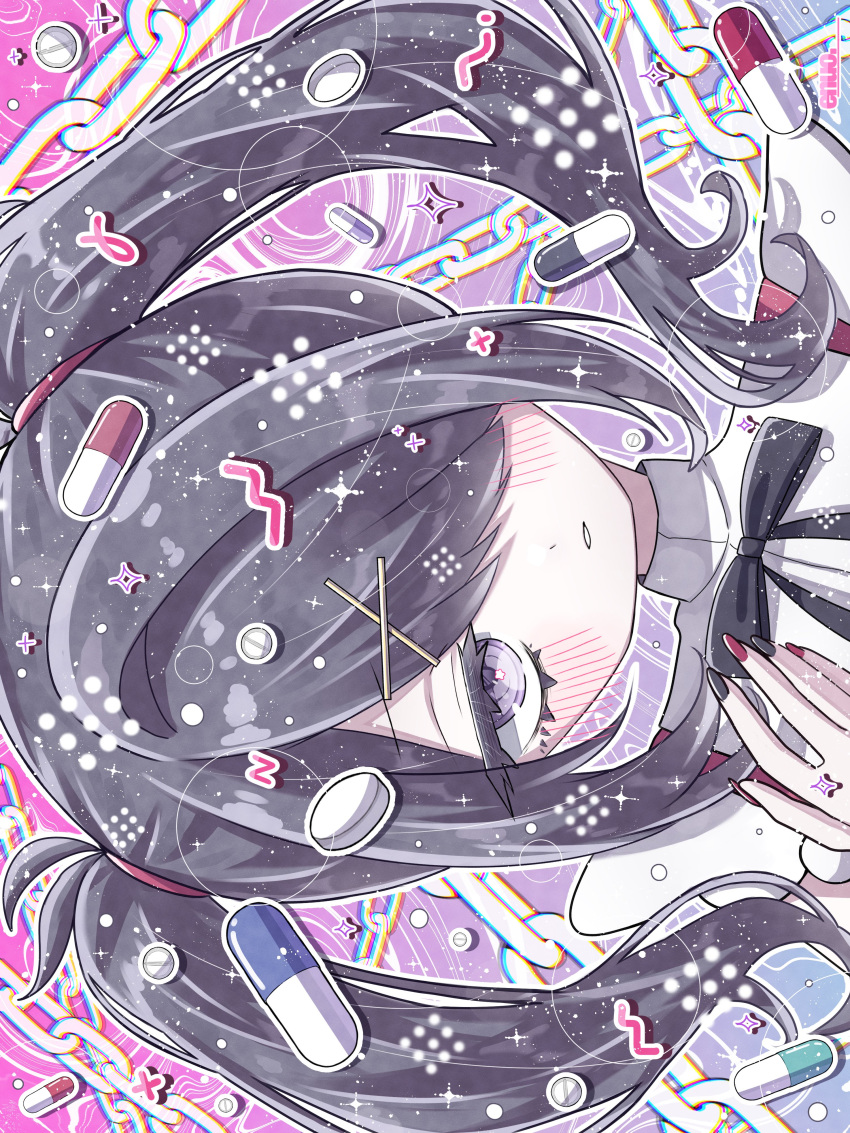 1girl, absurdres, ame-chan_(needy_girl_overdose), ax94gn, black_hair, black_nails, black_ribbon, chain