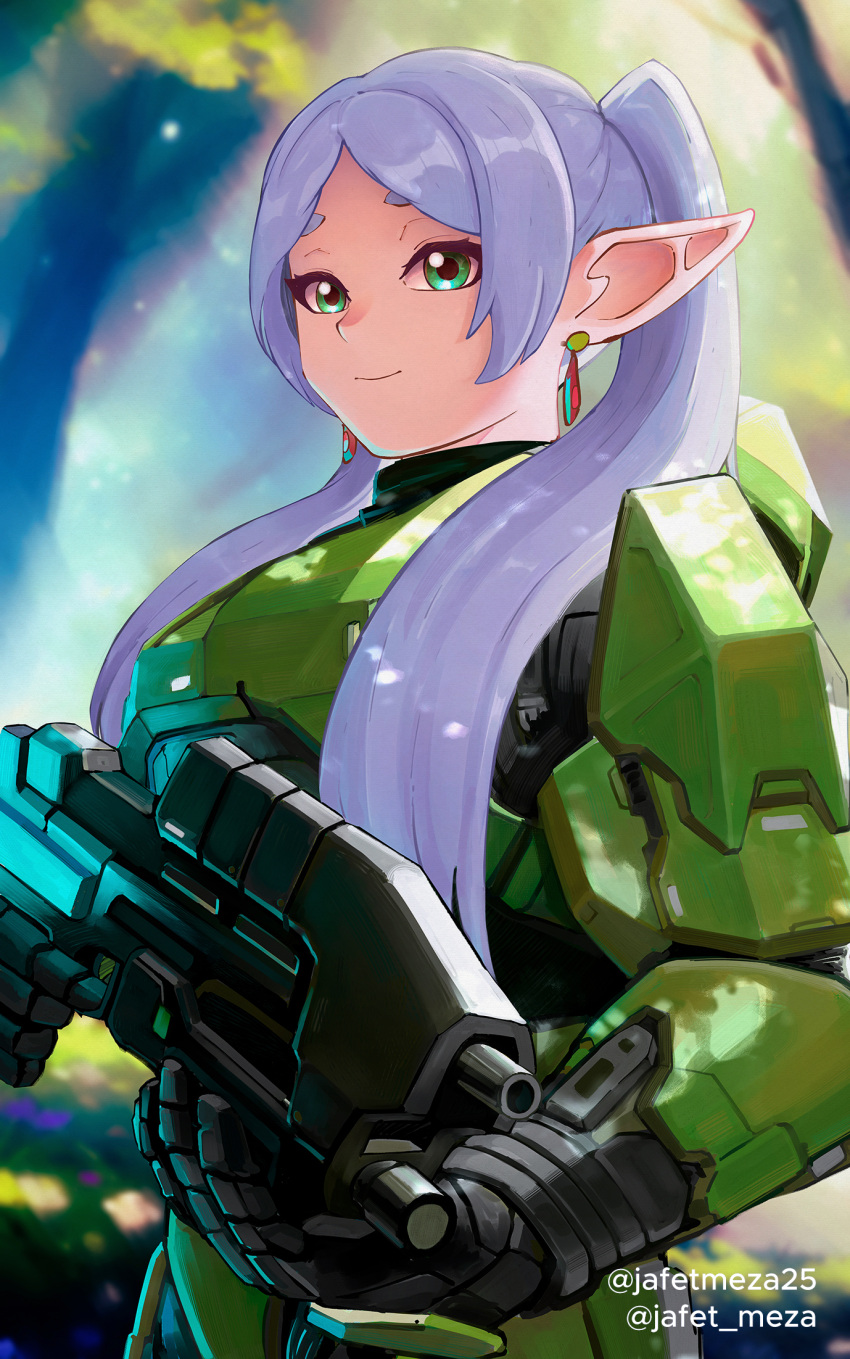 1girl, armor, artist_name, assault_rifle, blurry, blurry_background, bullpup, dangle_earrings
