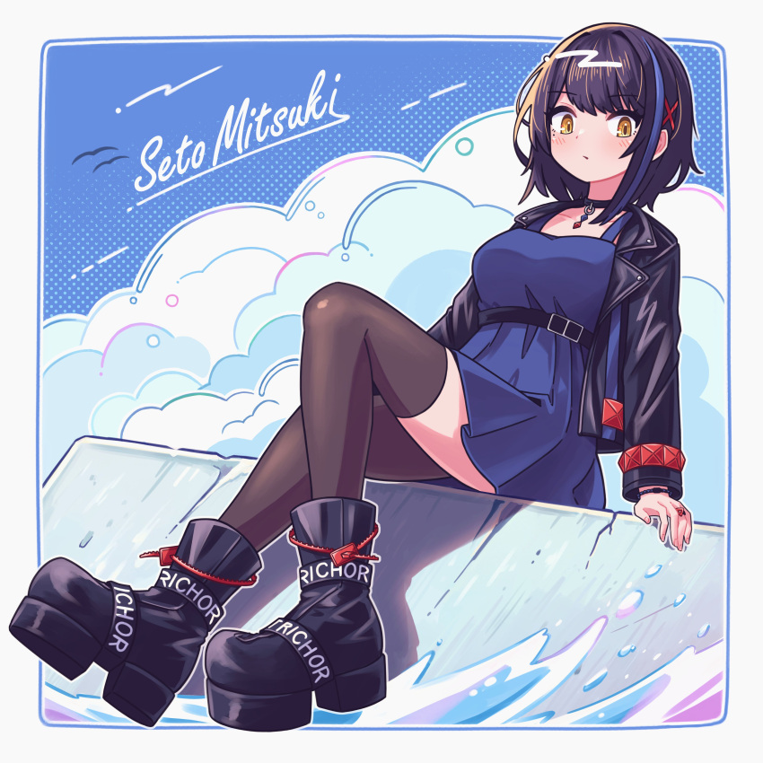1girl, absurdres, belt, black_belt, black_choker, black_footwear, black_hair, black_jacket