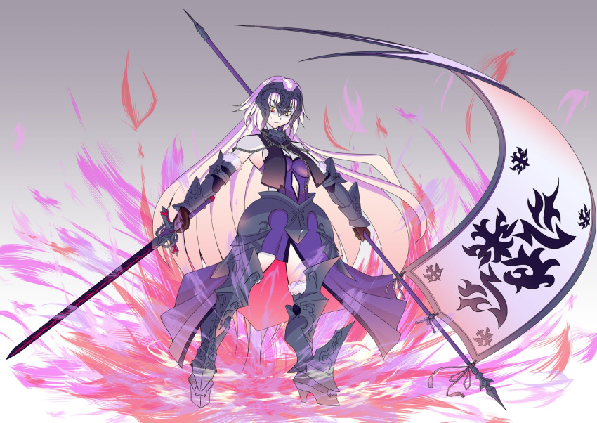 1girl, armor, armored_dress, black_armor, blonde_hair, breasts, clothing_cutout, dress, dual_wielding, energy, fate/grand_order, fate_(series), flag, full_body, gauntlets, headpiece, highres, holding, holding_flag, holding_sword, holding_weapon, jeanne_d'arc_alter_(avenger)_(fate), jeanne_d'arc_alter_(avenger)_(third_ascension)_(fate), jeanne_d'arc_alter_(fate), long_hair, looking_at_viewer, navel_cutout, rofu_get, solo, standard_bearer, sword, weapon, yellow_eyes