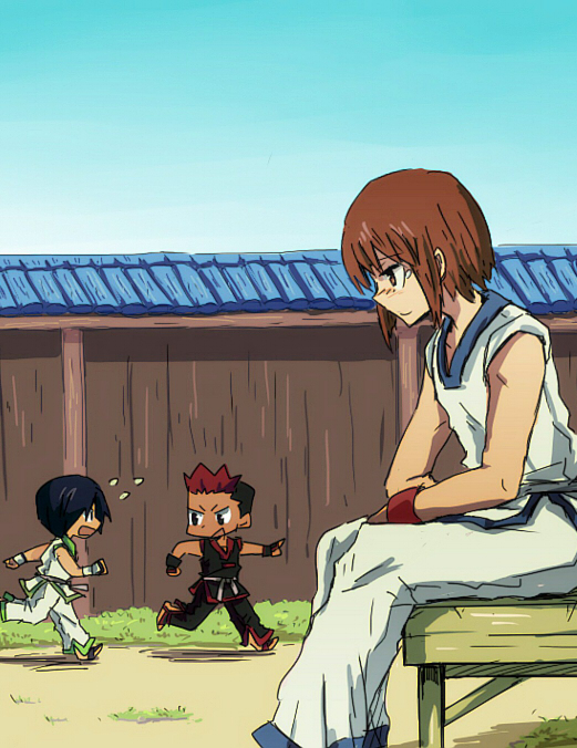 3boys, alternate_costume, black_pants, black_shirt, blue_hair, brown_hair, fatal_fury, fingerless_gloves