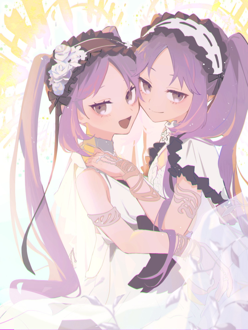 2girls, :d, armlet, black_hairband, bracelet, closed_mouth, dress, euryale_(fate)