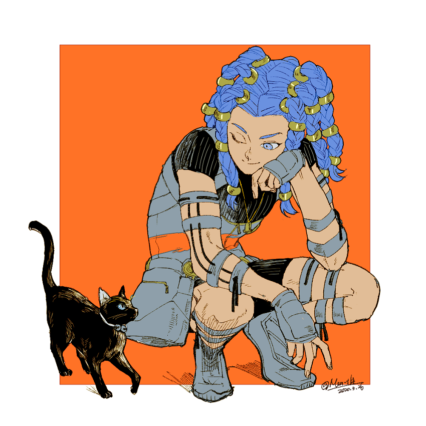 1boy, arm_strap, bell, black_cat, blue_eyes, blue_hair, border, braid