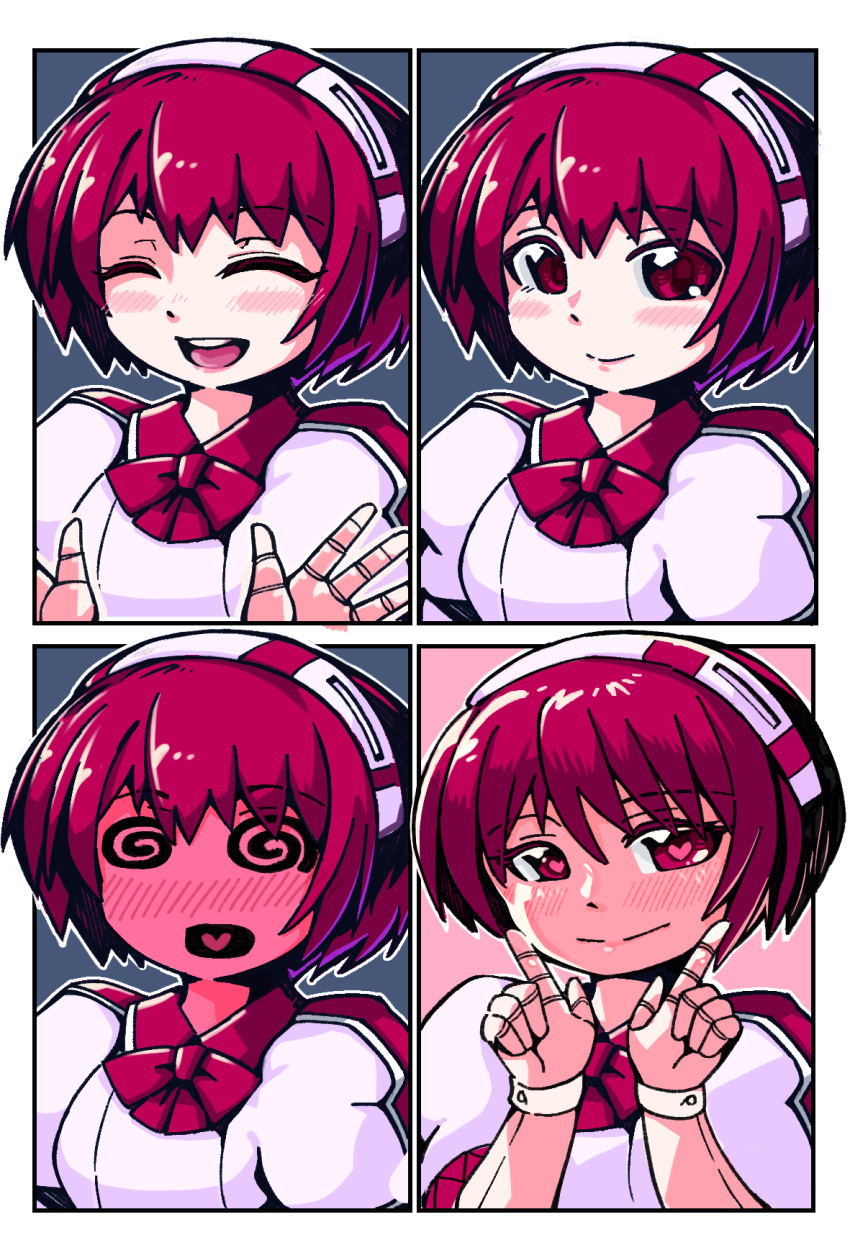 1girl, :d, @_@, android, blue_background, blush, border, bow, bowtie, closed_eyes, closed_mouth, commentary_request, dorothy_haze, embarrassed, expressions, full-face_blush, hairband, hands_up, heart, heart-shaped_pupils, heart_in_mouth, highres, index_fingers_raised, joints, looking_at_viewer, mikiji, multiple_views, open_hands, open_mouth, pink_background, puffy_short_sleeves, puffy_sleeves, red_bow, red_bowtie, red_eyes, redhead, robot_joints, shirt, short_hair, short_sleeves, smile, striped_clothes, striped_hairband, symbol-shaped_pupils, upper_body, va-11_hall-a, white_border, white_hairband, white_shirt, white_wrist_cuffs, wrist_cuffs
