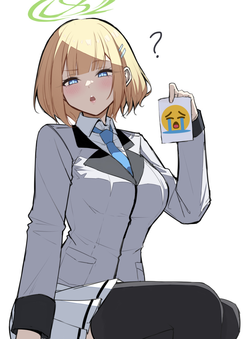 1girl, ?, absurdres, black_thighhighs, blazer, blonde_hair, blue_eyes, blue_necktie, blunt_bangs, blush, breasts, chestnut_mouth, collared_shirt, commentary, cowboy_shot, crying_emoji, emoji, green_halo, hair_ornament, hairclip, halo, highres, holding, holding_paper, jacket, long_sleeves, looking_at_viewer, medium_breasts, meme, necktie, original, paper, parted_lips, raised_eyebrow, reia_76, school_uniform, shirt, short_hair, sidelighting, simple_background, sitting, skirt, solo, thigh-highs, uohhhhhhhhh!_(meme), white_background, white_shirt, white_skirt