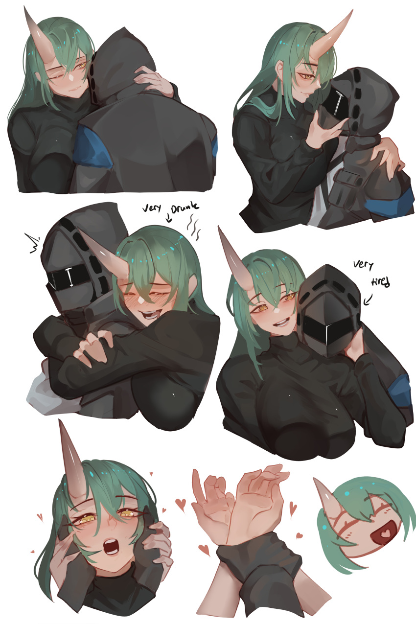 1boy, 1girl, absurdres, arknights, black_gloves, breasts, commentary, doctor_(arknights), english_commentary, english_text, gloves, green_hair, hand_on_another's_cheek, hand_on_another's_face, heart, hetero, highres, hood, hooded_jacket, horns, hoshiguma_(arknights), hug, jacket, long_hair, mask, najashi, open_mouth, simple_background, single_horn, skin-covered_horns, teeth, white_background, yellow_eyes