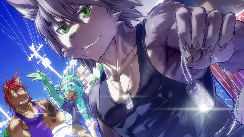 4boys, abs, animal_ears, beak, bird_boy, black_shirt, blue_eyes, blue_shirt, blue_sky, cat_boy, cat_ears, claws, commentary_request, dog_boy, dog_ears, dog_tags, dog_tail, furry, furry_male, green_eyes, holding_dog_tags, horse_boy, horse_ears, isizuka_sam, jewelry, jun_nekonishi, keisuke_hirama, kouya_aotsuki, looking_at_viewer, male_focus, morenatsu, multiple_boys, muscular, muscular_male, necklace, open_mouth, pectorals, pov, power_lines, purple_shirt, redhead, shirt, sky, sleeveless, sleeveless_shirt, smile, tail, town, utility_pole, white_shirt, yuuki_torii