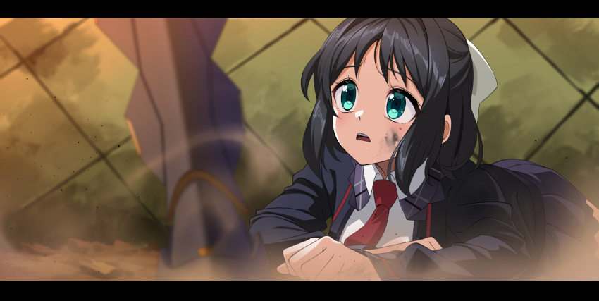 2girls, armored_boots, black_hair, black_jacket, blue_eyes, boots, bow, collared_shirt