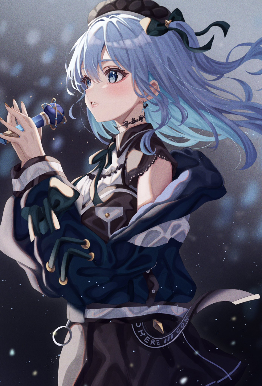 1girl, beret, black_background, black_choker, blue_eyes, blue_hair, blurry, blurry_background