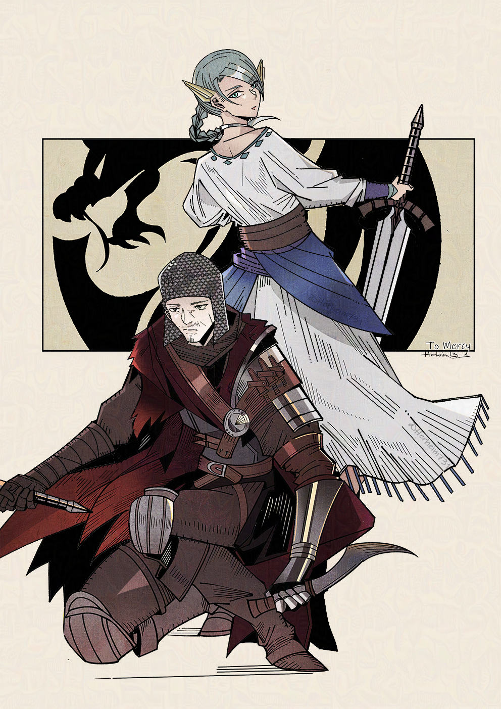 1boy, 1girl, armor, ashen_one_(dark_souls_3), blue_eyes, border, chainmail, cloak