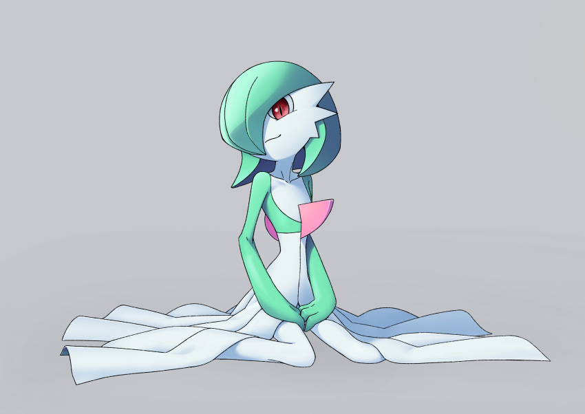 absurdres, bob_cut, colored_skin, dress, gardevoir, green_hair, grey_background, hair_over_one_eye